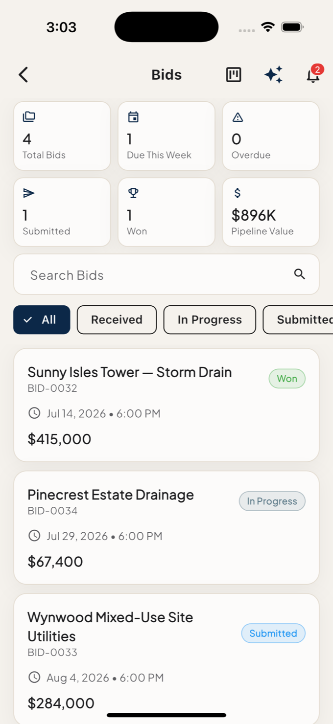 Bids screen showing total bids, due this week, pipeline value, and bids with deadlines and amounts