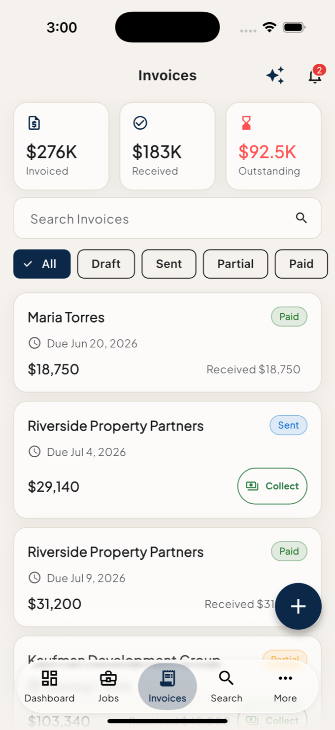 Invoices screen with outstanding balances and collect payment buttons