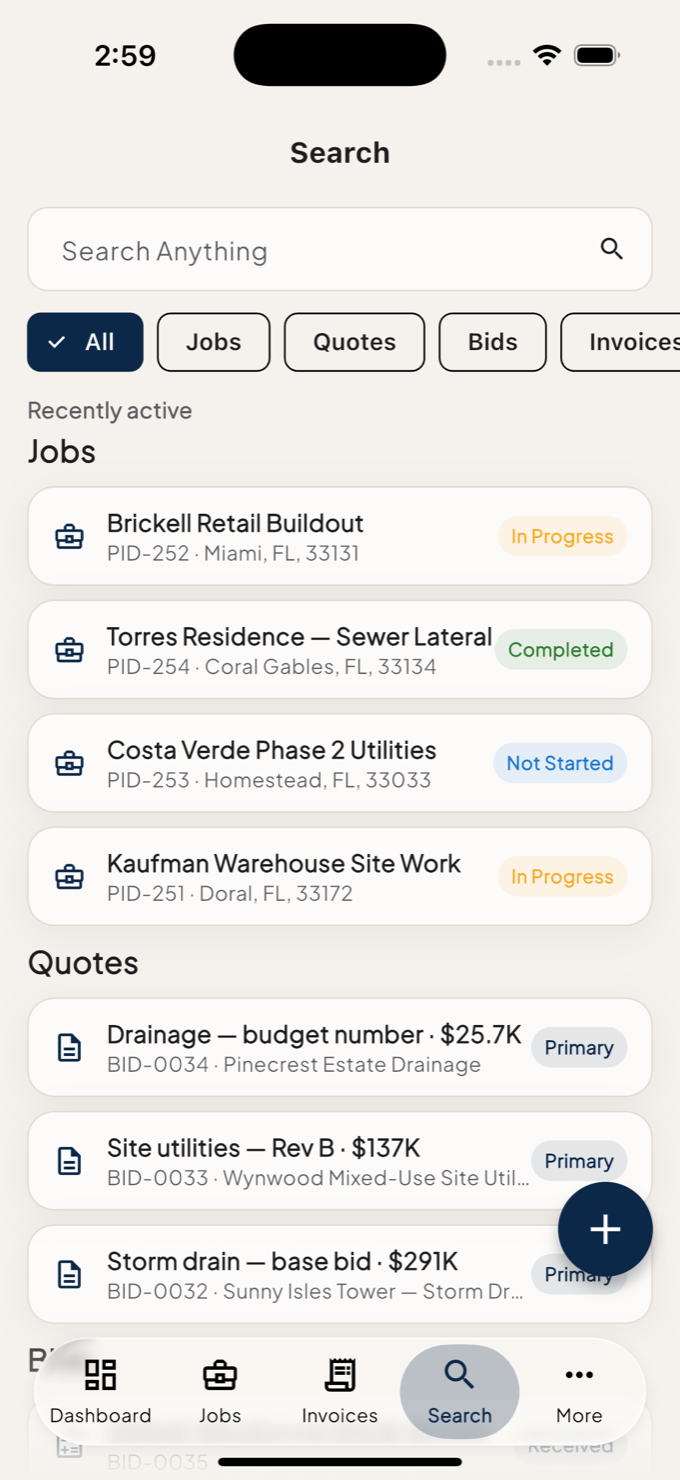 Search tab with All, Jobs, Quotes, Bids and Invoices filters over a list of recently active jobs and quotes